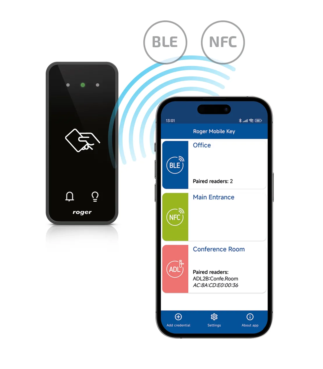 Roger Mobile Key — opnun með snjallsíma um Bluetooth (BLE) eða NFC